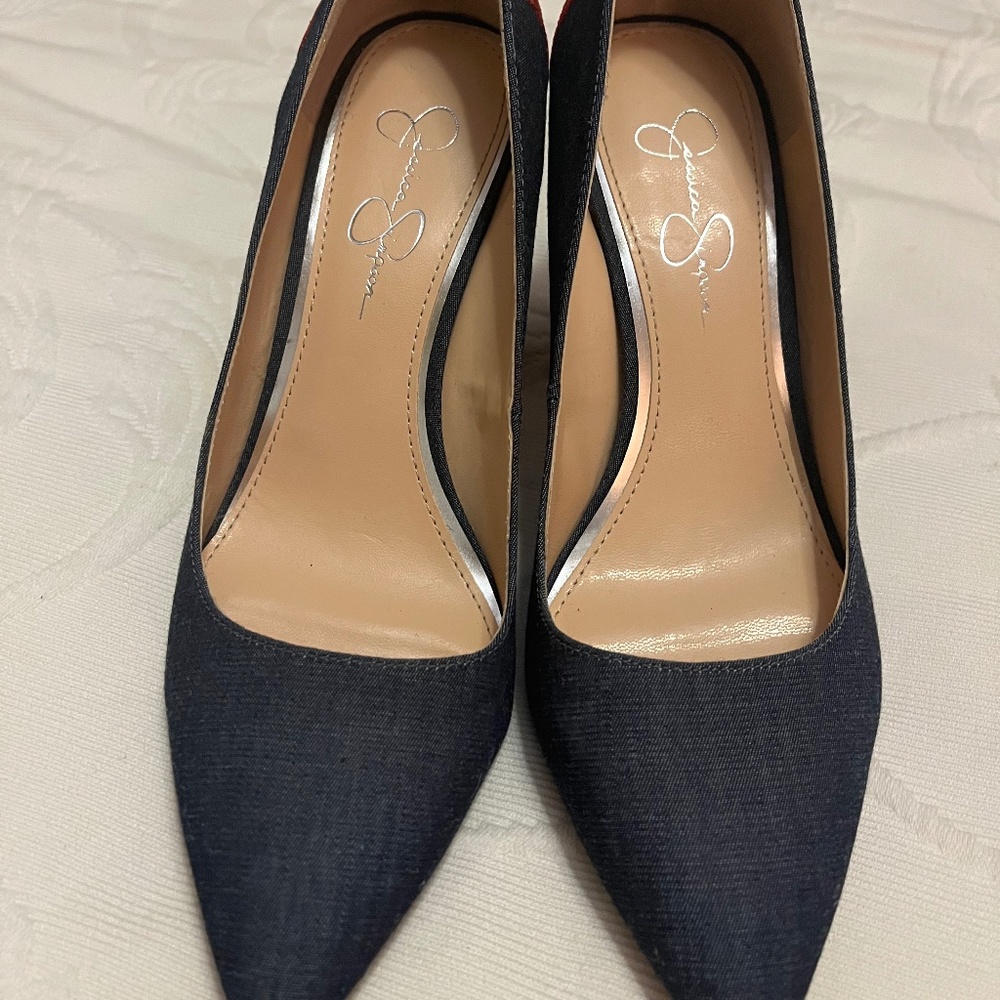 Jessica Simpson denim floral embroidered heel